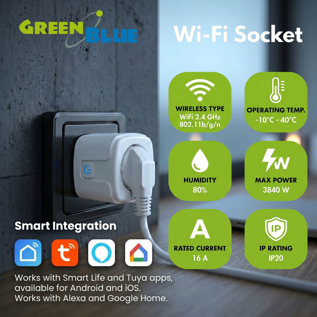 Дистанционно управляема WiFi контактна кутия GreenBlue, Android/iOS/Alexa/Google Home, таймер, ватомер, макс. 16 A/3840 W, GB735 W, 2 броя