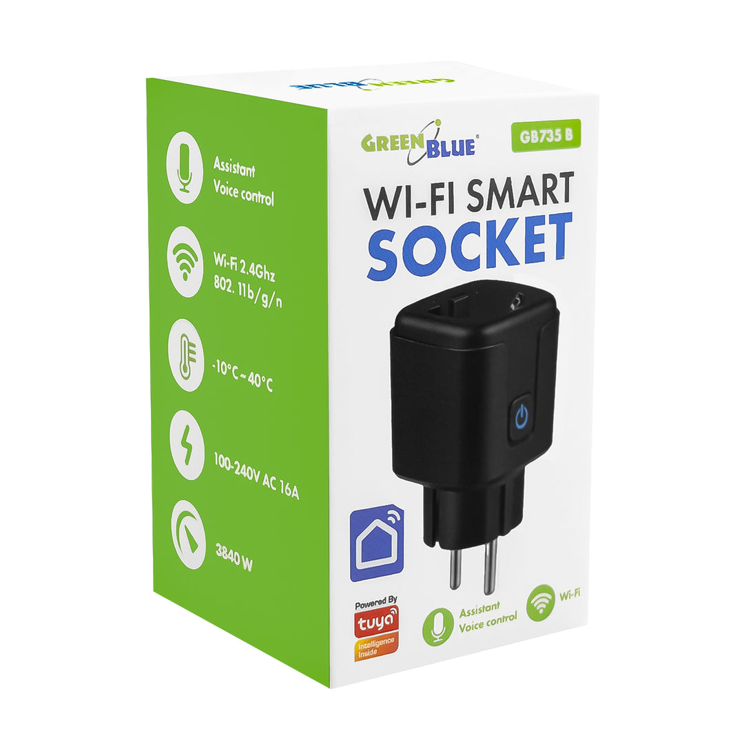 Дистанционно управляема WiFi контактна кутия GreenBlue, Android/iOS/Alexa/Google Home, таймер, ватомер, макс. 16 A/3840 W, GB735 B, 2 броя