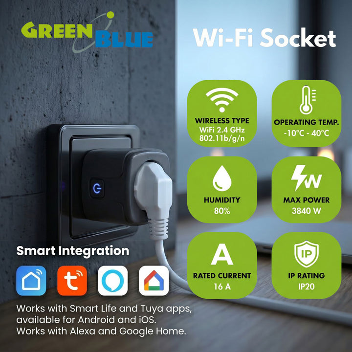 Дистанционно управляема WiFi контактна кутия GreenBlue, Android/iOS/Alexa/Google Home, таймер, ватомер, макс. 16 A/3840 W, GB735 B, 2 броя
