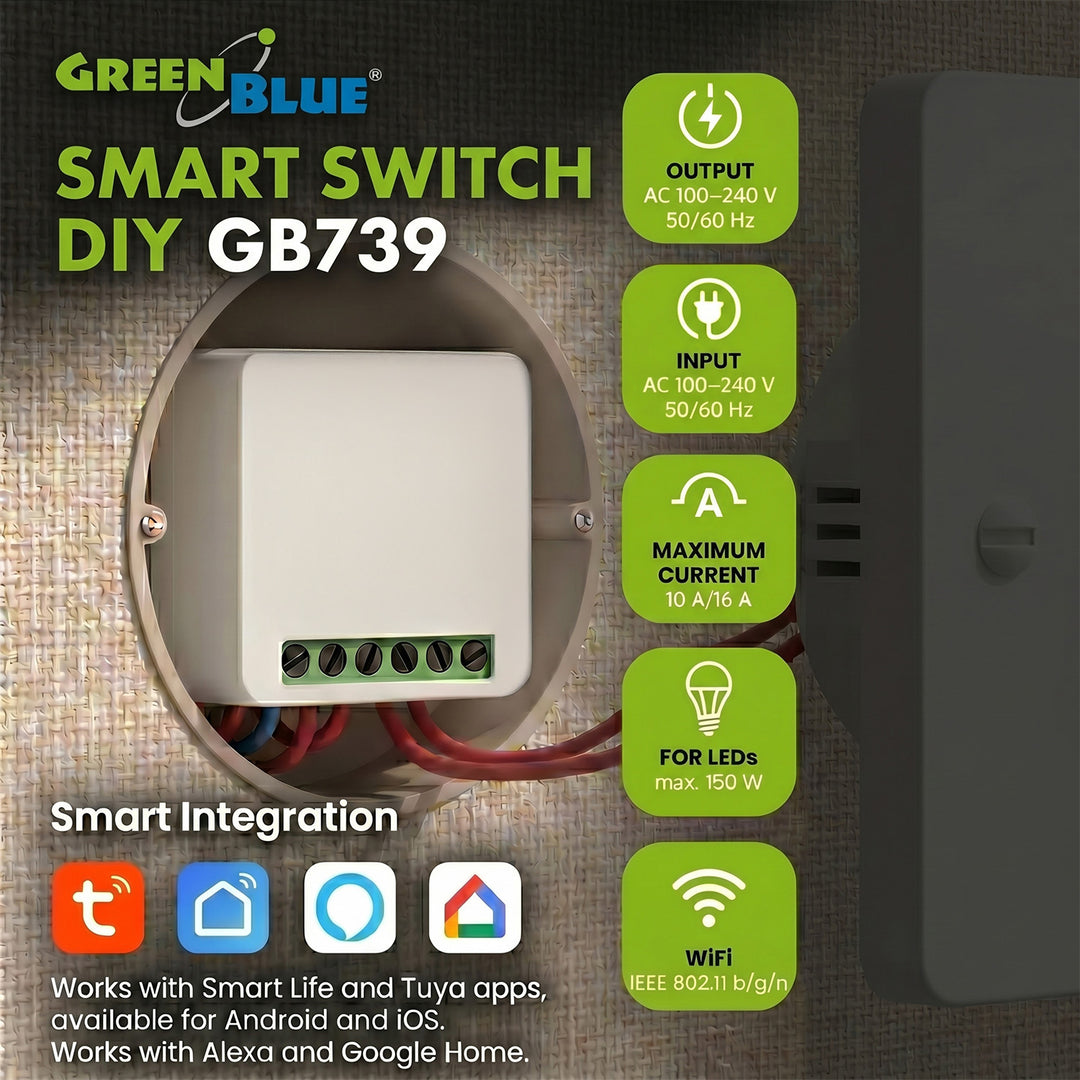 Вграден WiFi предавател GreenBlue, Android/iOS/Alexa/Google Home, 100–240 V променливо напрежение, 50/60 Hz, макс. 16 A, за LED 150 W, GB739, 2 броя