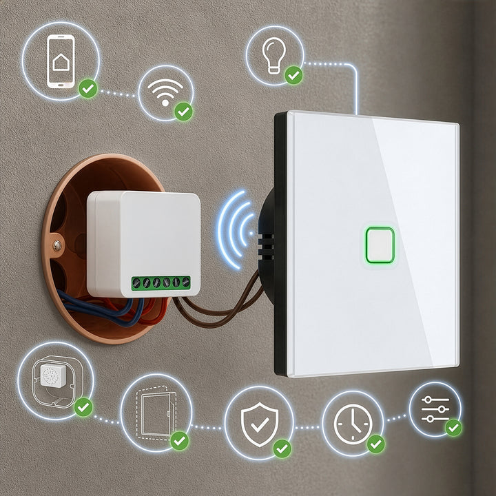 Вграден WiFi релеен модул GreenBlue, Android/iOS/Alexa/Google Home, 100–240 V променливо напрежение, 50/60 Hz, макс. 16 A, за LED 150 W, GB739, 4 броя