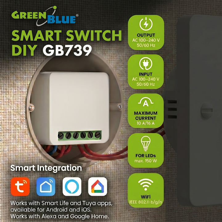 Вграден WiFi релеен модул GreenBlue, Android/iOS/Alexa/Google Home, 100–240 V променливо напрежение, 50/60 Hz, макс. 16 A, за LED 150 W, GB739, 4 броя