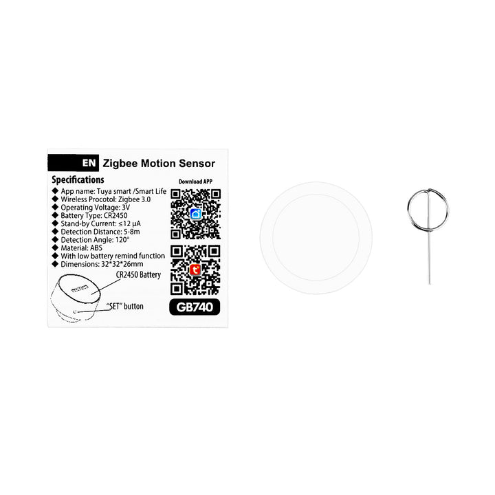 Безжичен датчик за движение Zigbee Tuya GreenBlue, Android/iOS, CR2450 DC 3,0 V, ъгъл на засичане 120° / до 8 м, GB740, 2 броя