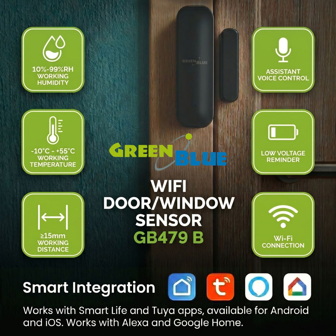 Безжичен релеен датчик / датчик за отваряне с WiFi GreenBlue, Android/iOS, за врати / прозорци, 3,0 V DC, LR03x2, GB479 B, 2 комплекта