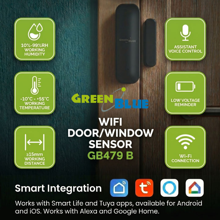 Безжичен релеен датчик / датчик за отваряне с WiFi GreenBlue, Android/iOS, за врати / прозорци, 3,0 V DC, LR03x2, GB479 B, 2 комплекта
