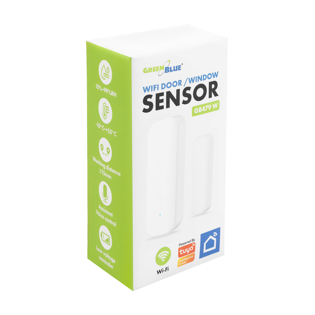 Безжичен релеен датчик / датчик за отваряне WiFi GreenBlue, Android/iOS, за врати / прозорци, 3,0 V DC, LR03x2, GB479 W, 2 комплекта