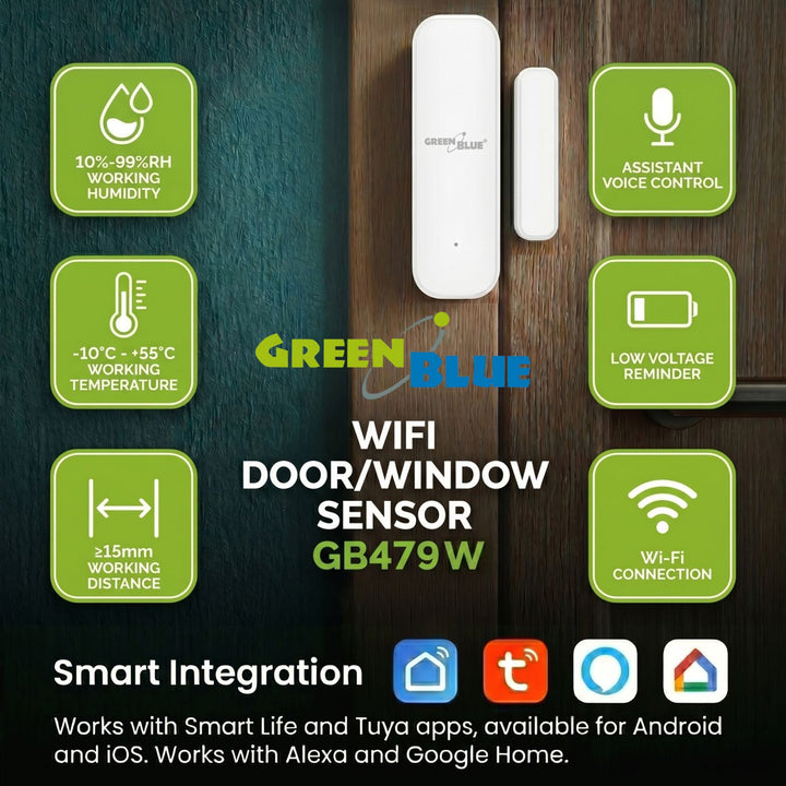 Безжичен релеен датчик / датчик за отваряне WiFi GreenBlue, Android/iOS, за врати / прозорци, 3,0 V DC, LR03x2, GB479 W, 2 комплекта