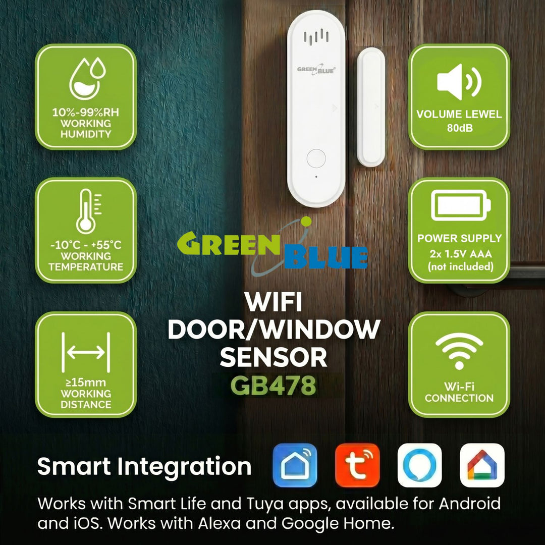 Безжичен релеен датчик / датчик за отваряне WiFi GreenBlue, Android/iOS, за врати / прозорци, 3,0 V DC, LR03x2, с аларма, GB478, 2 комплекта