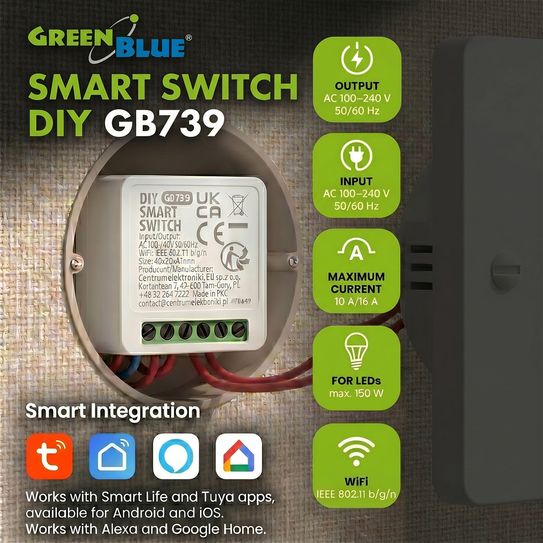 Вграден WiFi реле GreenBlue, Android/iOS/Alexa/Google Home, 100–240 V променливо напрежение, 50/60 Hz, макс. 16 A, за LED 150 W, GB739, 3 броя
