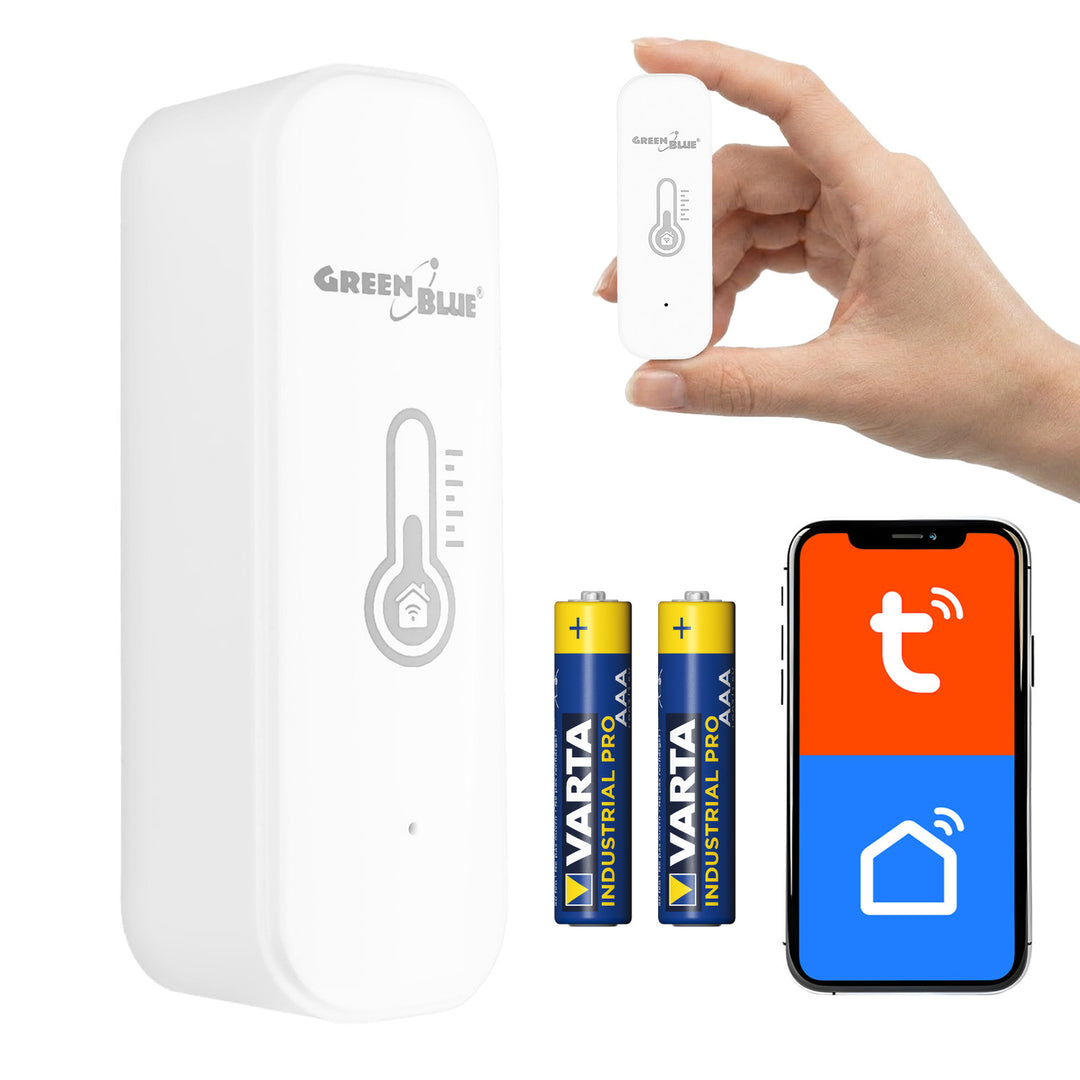 WiFi сензор за температура и влажност GreenBlue, Android/iOS/Alexa/Google Home, 3,0 V DC, LR03x2, GB737 + 2 бр. алкални батерии R-03 LR03 AAA Varta Industrial 4003