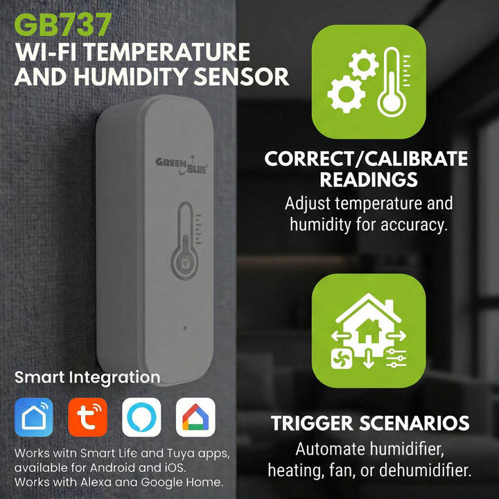WiFi сензор за температура и влажност GreenBlue, Android/iOS/Alexa/Google Home, 3,0 V DC, LR03x2, GB737 – 2 броя + 4 алкални батерии AAA Varta Industrial 4003