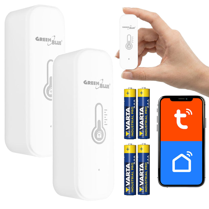 WiFi сензор за температура и влажност GreenBlue, Android/iOS/Alexa/Google Home, 3,0 V DC, LR03x2, GB737 – 2 броя + 4 алкални батерии AAA Varta Industrial 4003