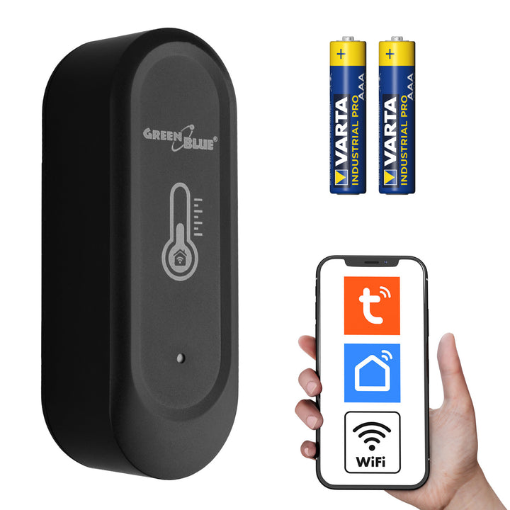 Външен WiFi сензор за температура и влажност GreenBlue, Android/iOS, 3,0 V DC, LR03x2, IP65, GB741 + 2 бр. алкални батерии R-03 LR03 AAA Varta Industrial 4003