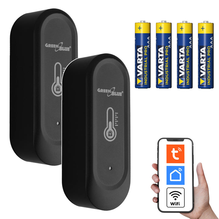 Външен WiFi сензор за температура и влажност GreenBlue, Android/iOS, 3,0 V DC, LR03x2, IP65, GB741 – 2 броя + 4 алкални батерии AAA Varta Industrial 4003