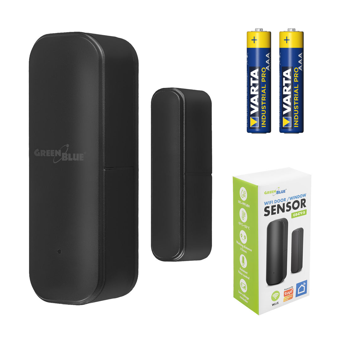 GB479 B Безжичен релеен датчик / датчик за отваряне WiFi GreenBlue, Android/iOS, за врати / прозорци, 3,0 V DC, LR03x2, GB479 B + 2 бр. алкални батерии R-03 LR03 AAA Varta Industrial 4003