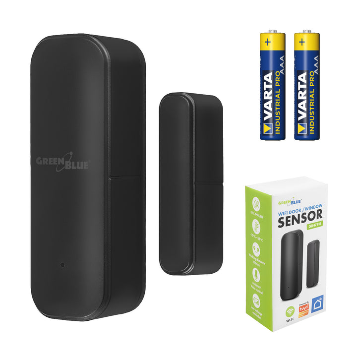 GB479 B Безжичен релеен датчик / датчик за отваряне WiFi GreenBlue, Android/iOS, за врати / прозорци, 3,0 V DC, LR03x2, GB479 B + 2 бр. алкални батерии R-03 LR03 AAA Varta Industrial 4003