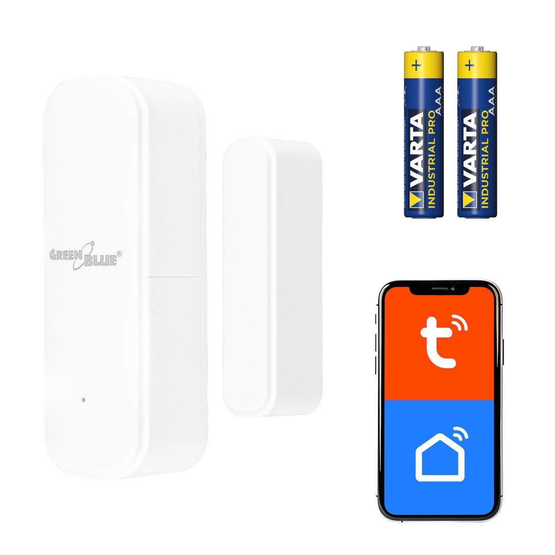 Безжичен релеен датчик / датчик за отваряне WiFi GreenBlue, Android/iOS, за врати / прозорци, 3,0 V DC, LR03x2, GB479 W + 2x алкална батерия R-03 LR03 AAA Varta Industrial 4003
