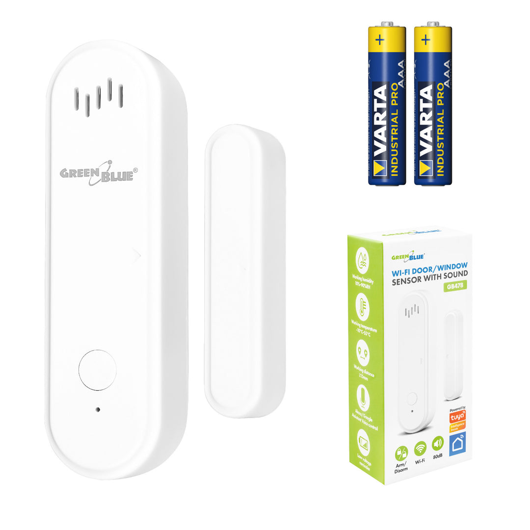 Безжичен релеен датчик / датчик за отваряне WiFi GreenBlue, Android/iOS, за врати / прозорци, 3,0 V DC, LR03x2, с аларма, GB478 + 2 бр. алкални батерии R-03 LR03 AAA Varta Industrial 4003