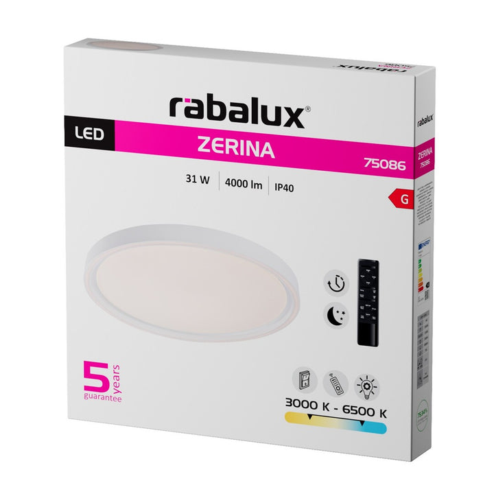 Таванна лампа Rabalux Zerina, 31 W, IP40, бяла, 3000–6500 K, функция за запаметяване, с дистанционно управление, функция за таймер, ефект на нощна лампа, 75086