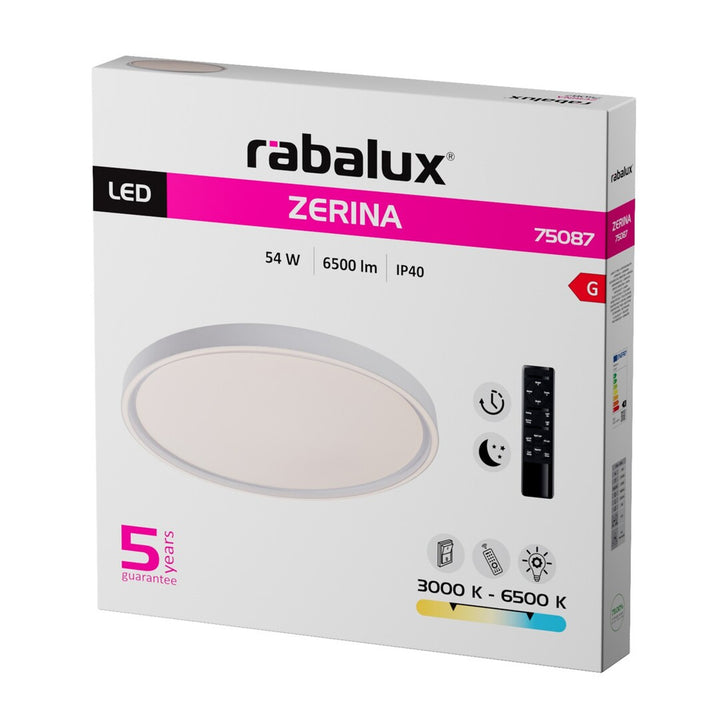 Таванна лампа Rabalux Zerina, 54 W, IP40, бяла, 3000–6500 K, функция за запаметяване, с дистанционно управление, функция за таймер, ефект на нощна лампа, 75087