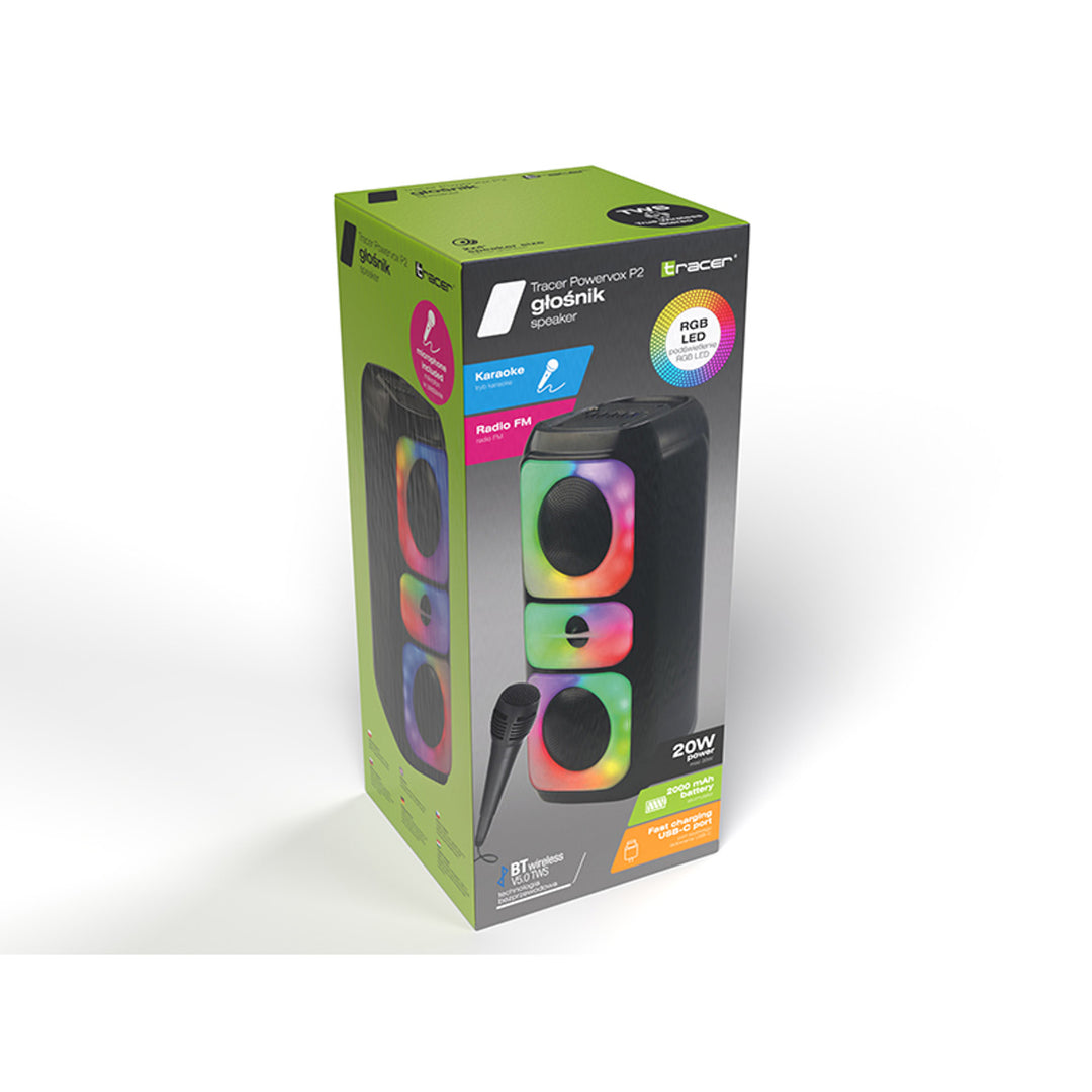 Безжичен високоговорител Tracer, Bluetooth 5.0, RMS мощност 20 W, режим „караоке“, микрофон, Powervox P2 TWS