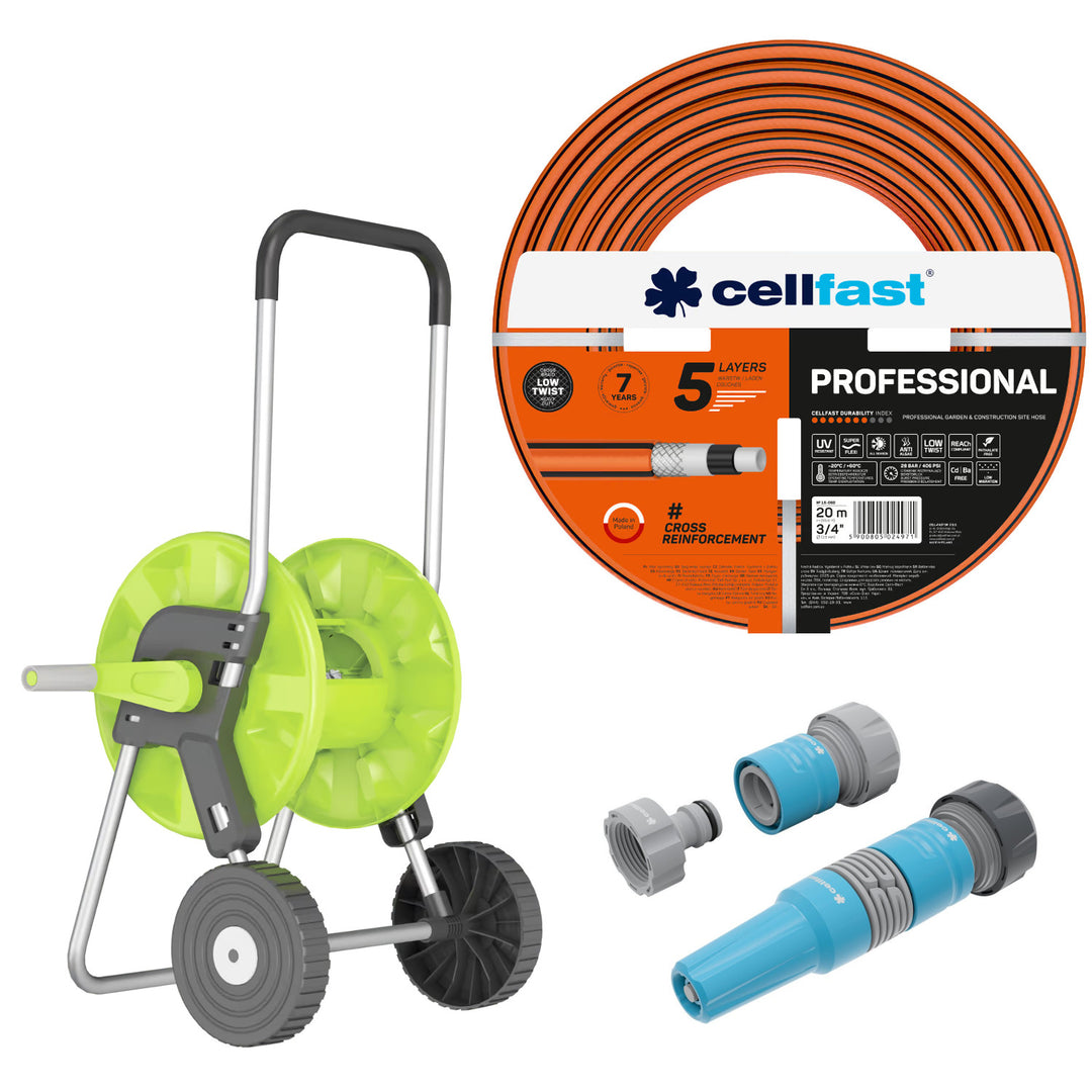Градински маркуч Cellfast, PROFESSIONAL 3/4" 20 м + количка за маркуч Cellfast Economic 1/2" 45 м + комплект с прав разпръсквач 3/4" IDEAL