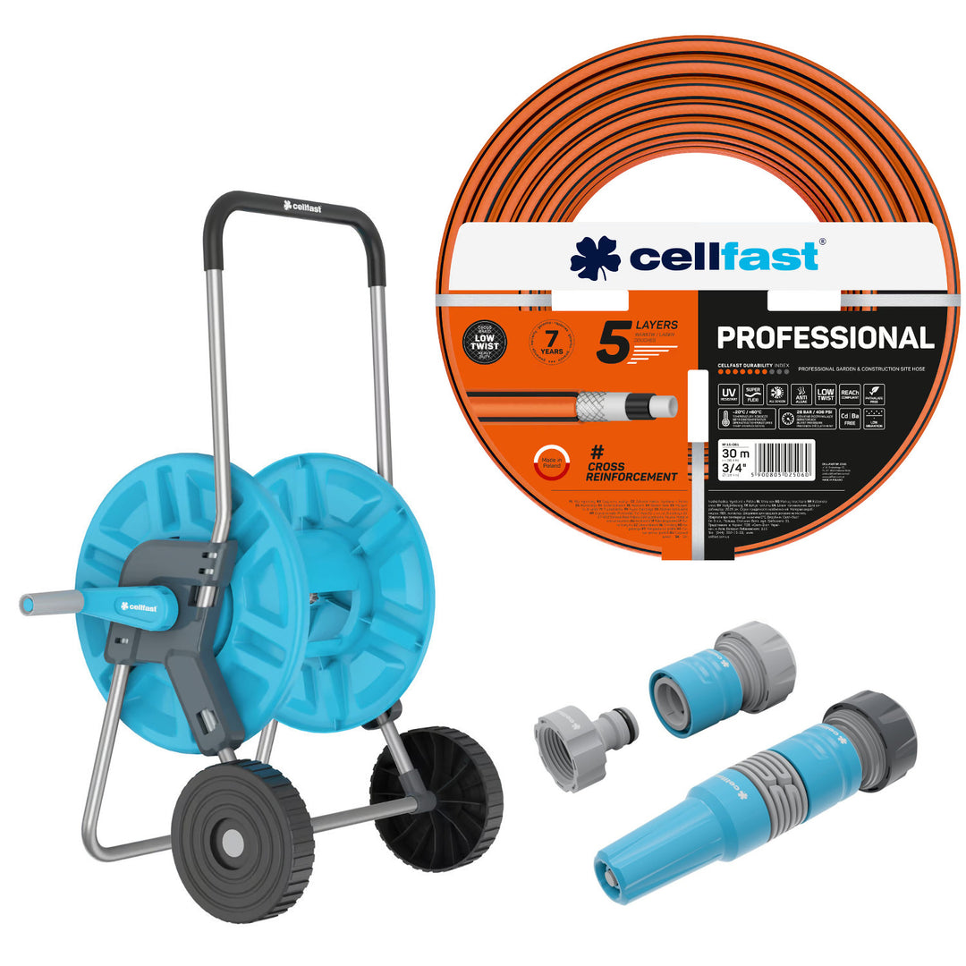 Градински маркуч Cellfast, PROFESSIONAL 3/4" 30 м + Комплект с прав разпръсквач 3/4" IDEAL + Количка за маркуч Cellfast Aluplus 1/2" 60 м