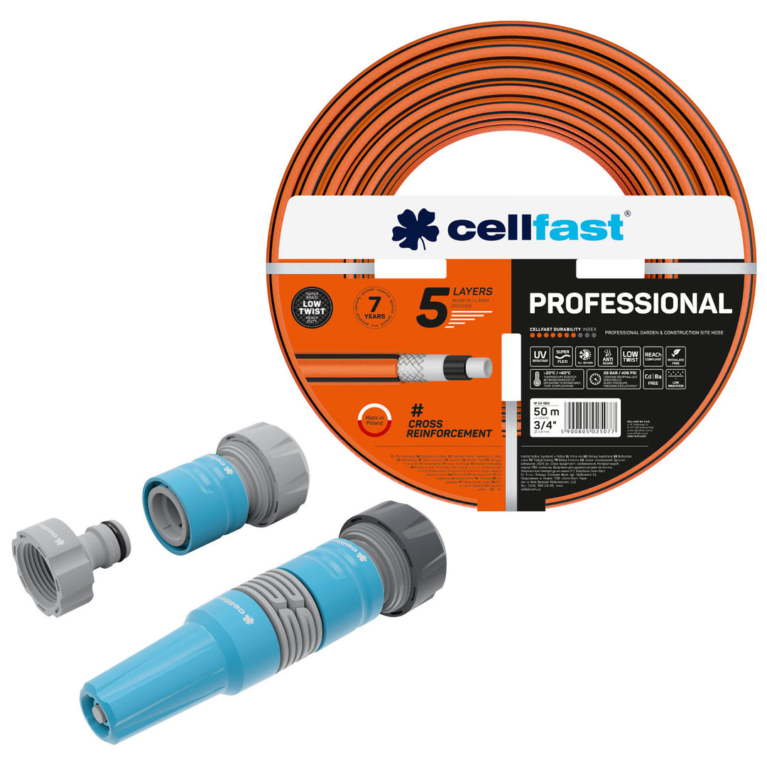 Градински маркуч Cellfast, PROFESSIONAL 3/4" 50 м + комплект с прав разпръсквач 3/4" IDEAL
