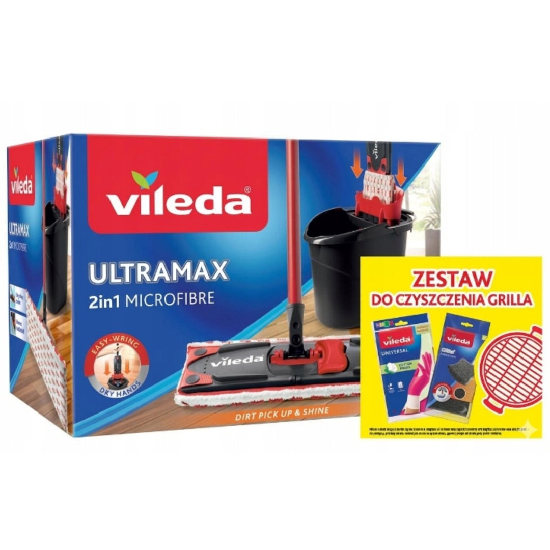 Комплект с плоска мъпа Ultramax + ръкавици Universal + гъби за миене Glitzi (2 бр.) Vileda, Система за изцеждане без допир, Два вида влакна, 177453
