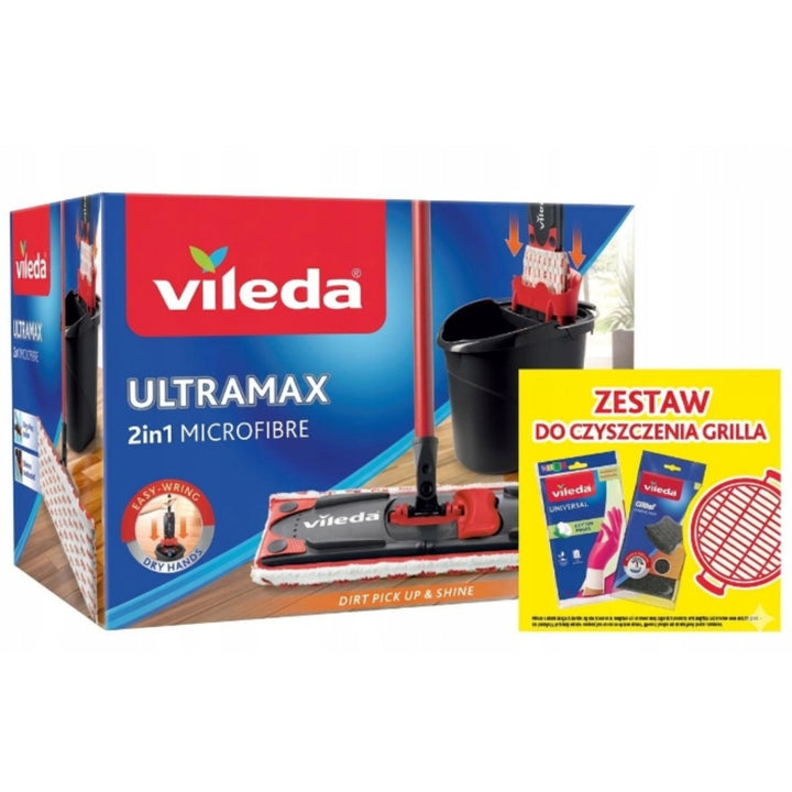Комплект с плоска мъпа Ultramax + ръкавици Universal + гъби за миене Glitzi (2 бр.) Vileda, Система за изцеждане без допир, Два вида влакна, 177453