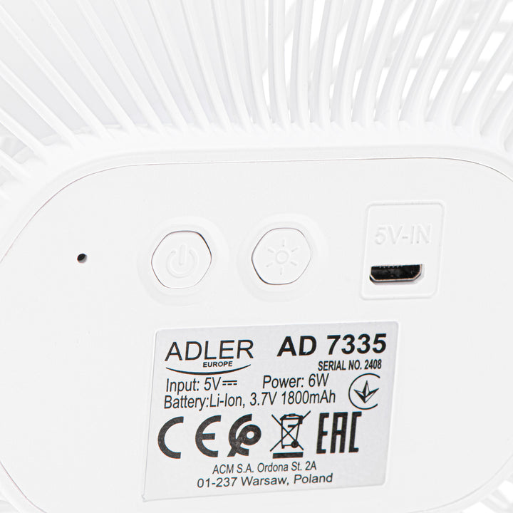 Акумулаторен вентилатор 5"/12,7 см с клипс – USB / LED, AD 7335, Adler