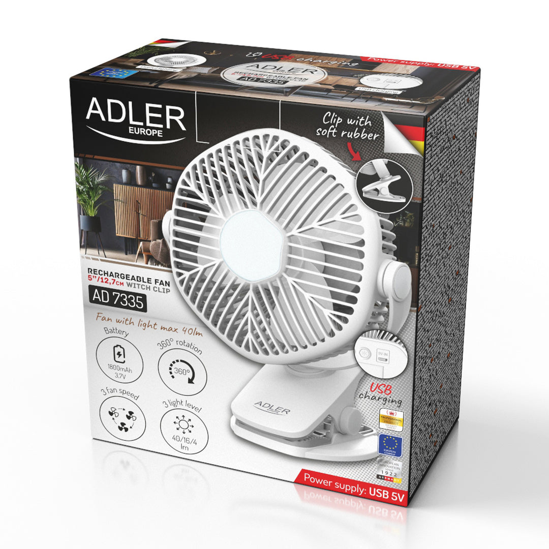 Акумулаторен вентилатор 5"/12,7 см с клипс – USB / LED, AD 7335, Adler