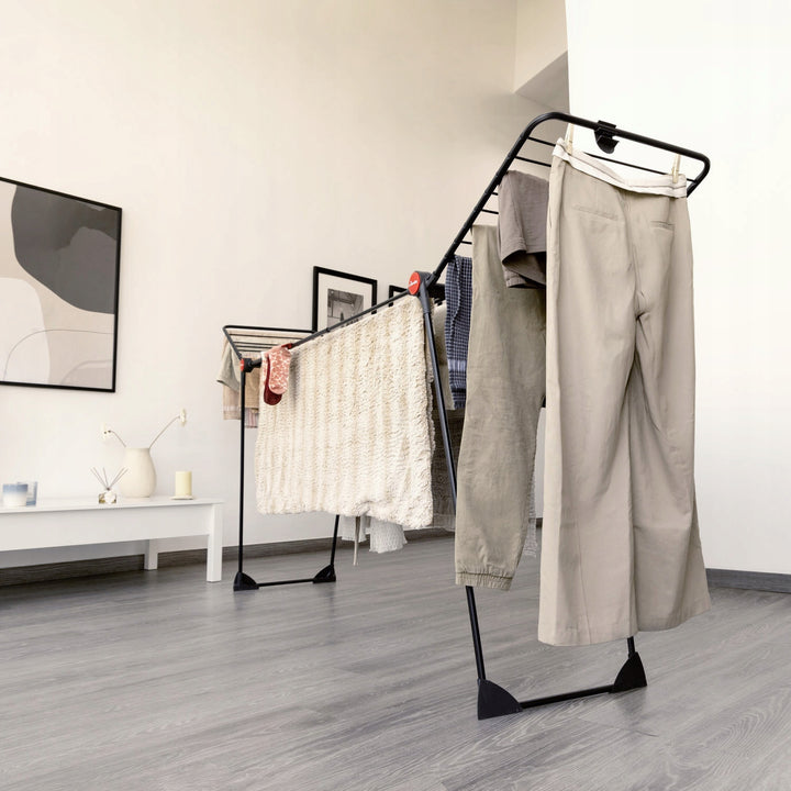 Сушилник за пране Vileda Infinity Flex Ultimate, черен, до 30 м сушилна площ, разтегаем, повдигната рамка, държачи за бельо, вградени колелца, 179620
