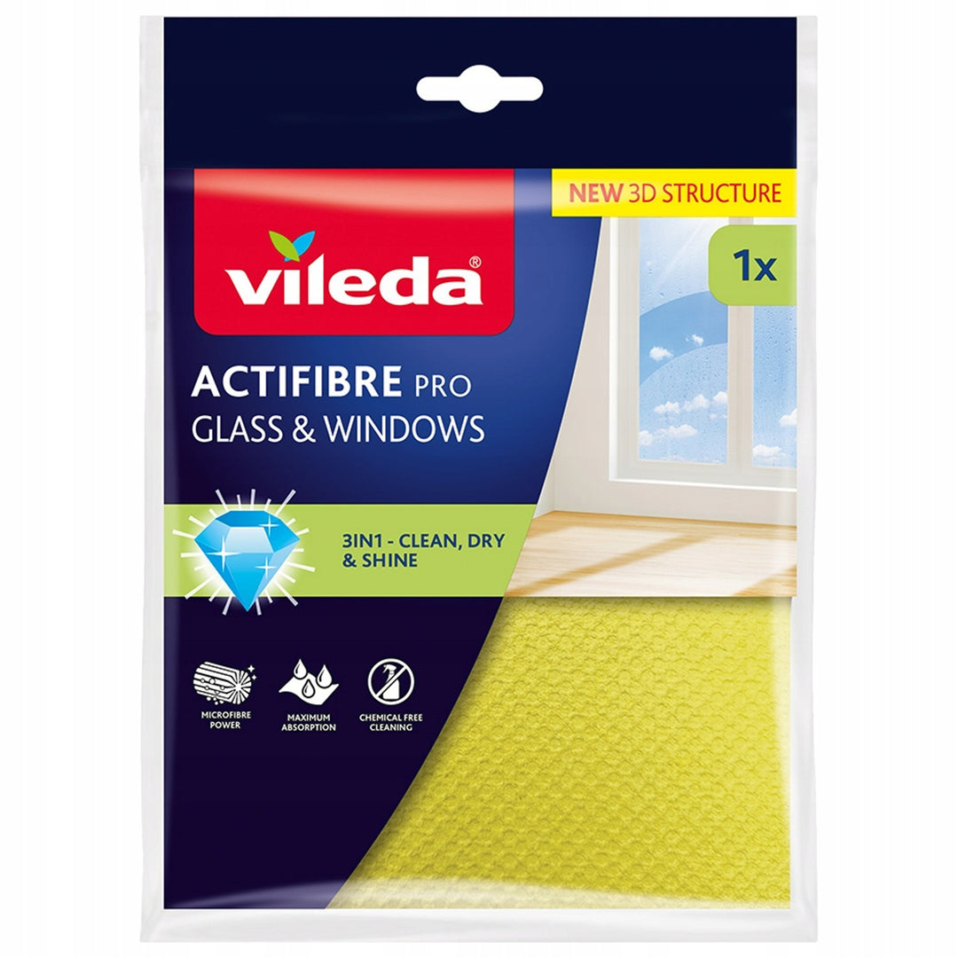 Кърпа Vileda Actifibre Pro за стъкла и прозорци, подходяща за пране в пералня, с PVA покритие, без следи и петна, почиства само с вода, 183298