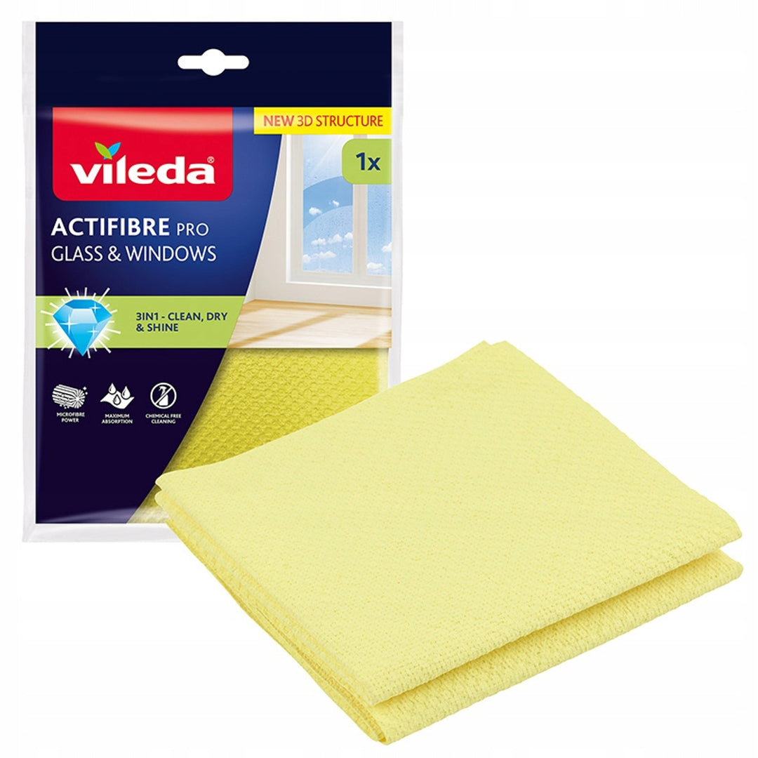 Кърпа Vileda Actifibre Pro за стъкла и прозорци, подходяща за пране в пералня, с PVA покритие, без следи и петна, почиства само с вода, 183298