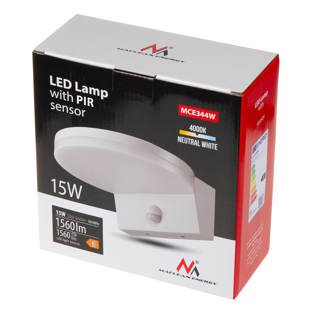 LED лампа с датчик за движение Maclean, PIR датчик за движение, цвят бял, 15 W, IP65, 1560 lm, неутрално бяла светлина (4000 K) MCE344 W, 2 броя