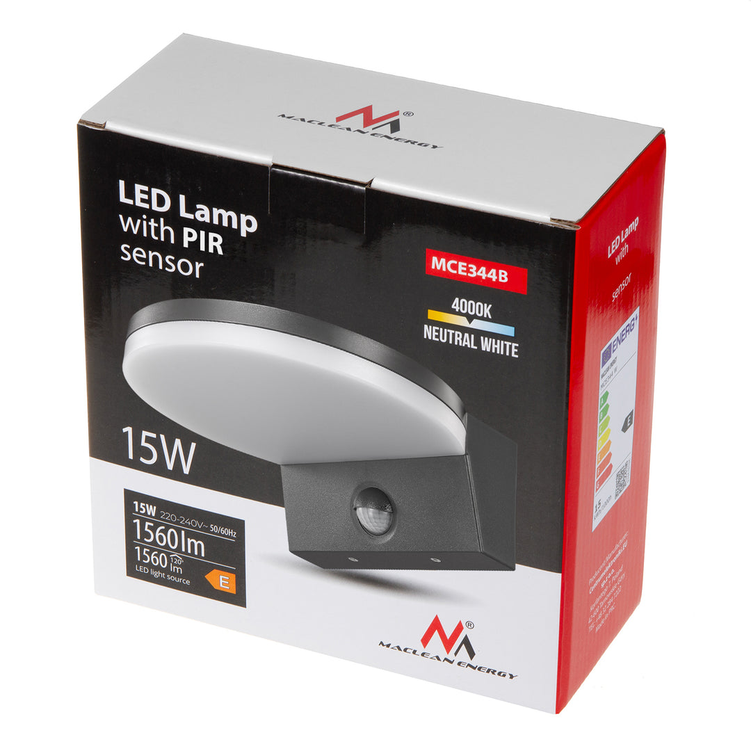 LED лампа с датчик за движение Maclean, PIR датчик за движение, цвят: черен, 15 W, IP65, 1560 lm, неутрално бял цвят (4000 K) MCE344 B, 2 броя