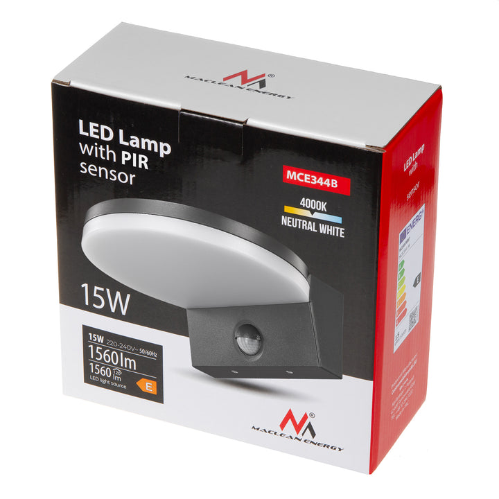 LED лампа с датчик за движение Maclean, PIR датчик за движение, цвят: черен, 15 W, IP65, 1560 lm, неутрално бял цвят (4000 K) MCE344 B, 2 броя