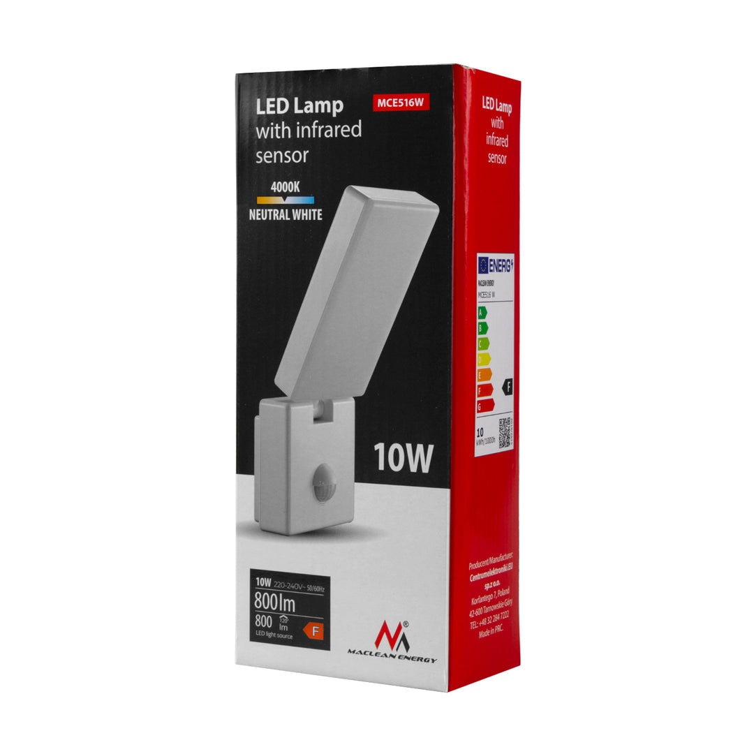 LED лампа с датчик за движение Maclean, PIR датчик за движение, цвят бял, 10 W, IP65, 800 lm, неутрално бяла светлина (4000 K) MCE516 W, 2 броя