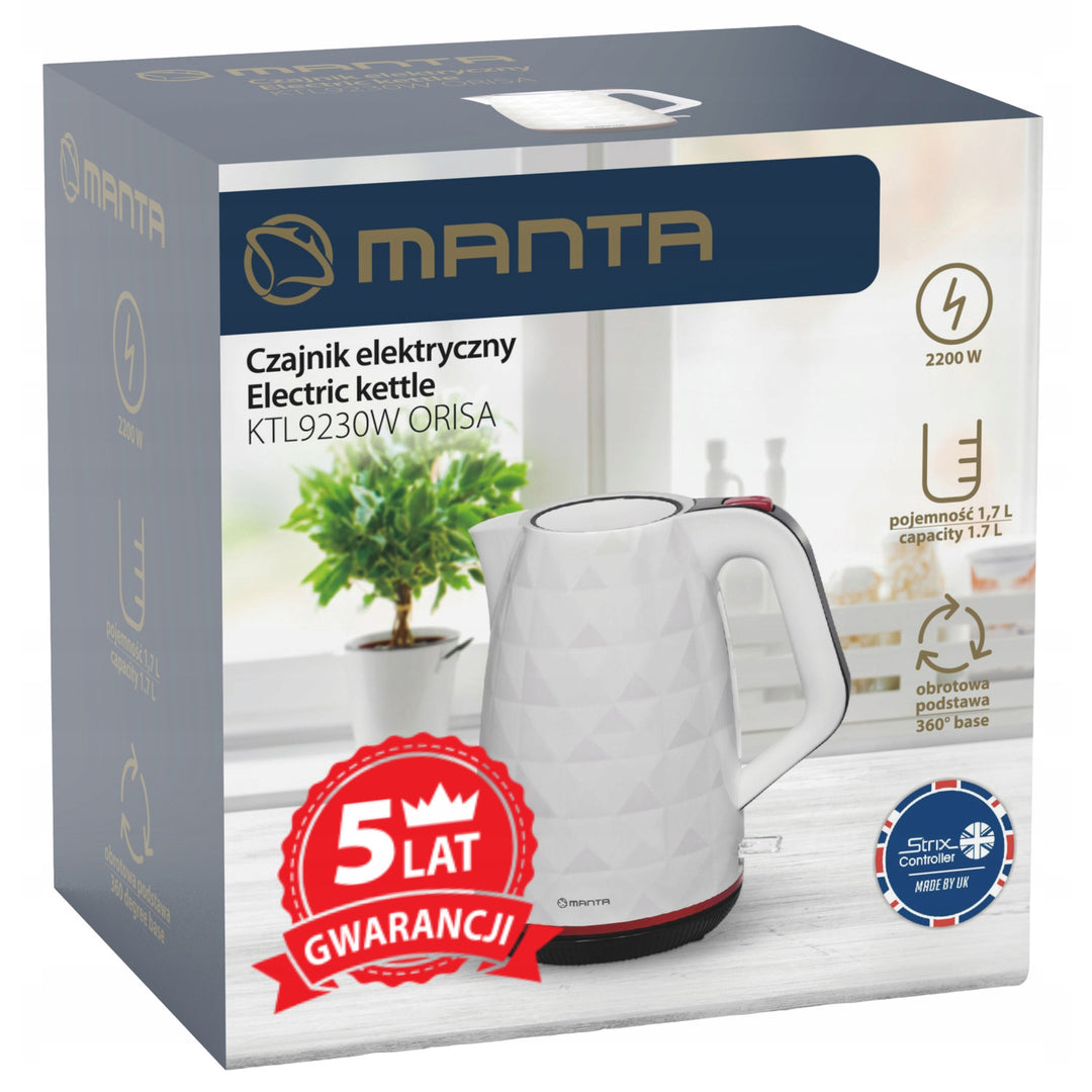 Безжична електрическа кана Manta ORISA 1,7 л, 2200 W, бяла