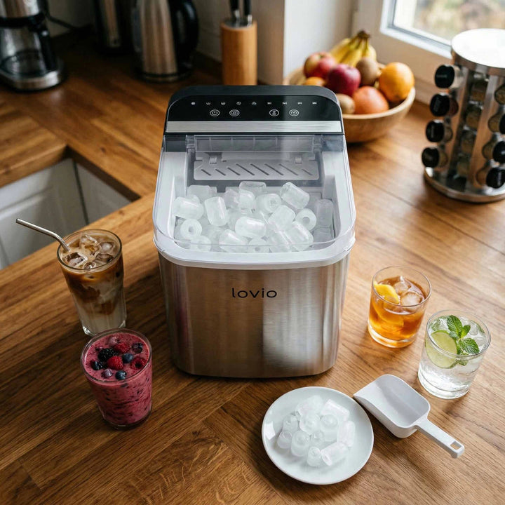 Домашен ледогенератор Lovio Crystal Ice Plus, от стомана, в сребрист цвят, за бързо приготвяне на лед