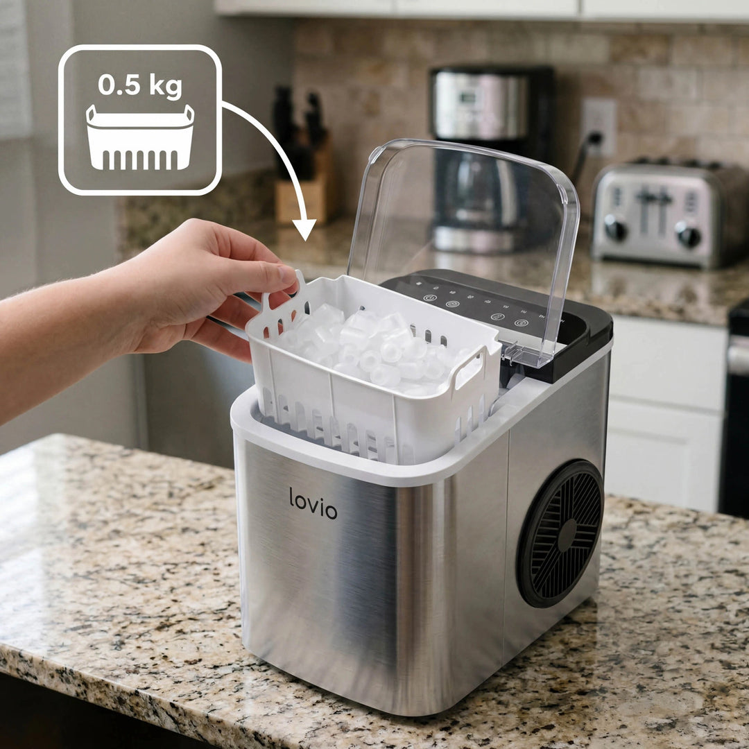 Домашен ледогенератор Lovio Crystal Ice Plus, от стомана, в сребрист цвят, за бързо приготвяне на лед