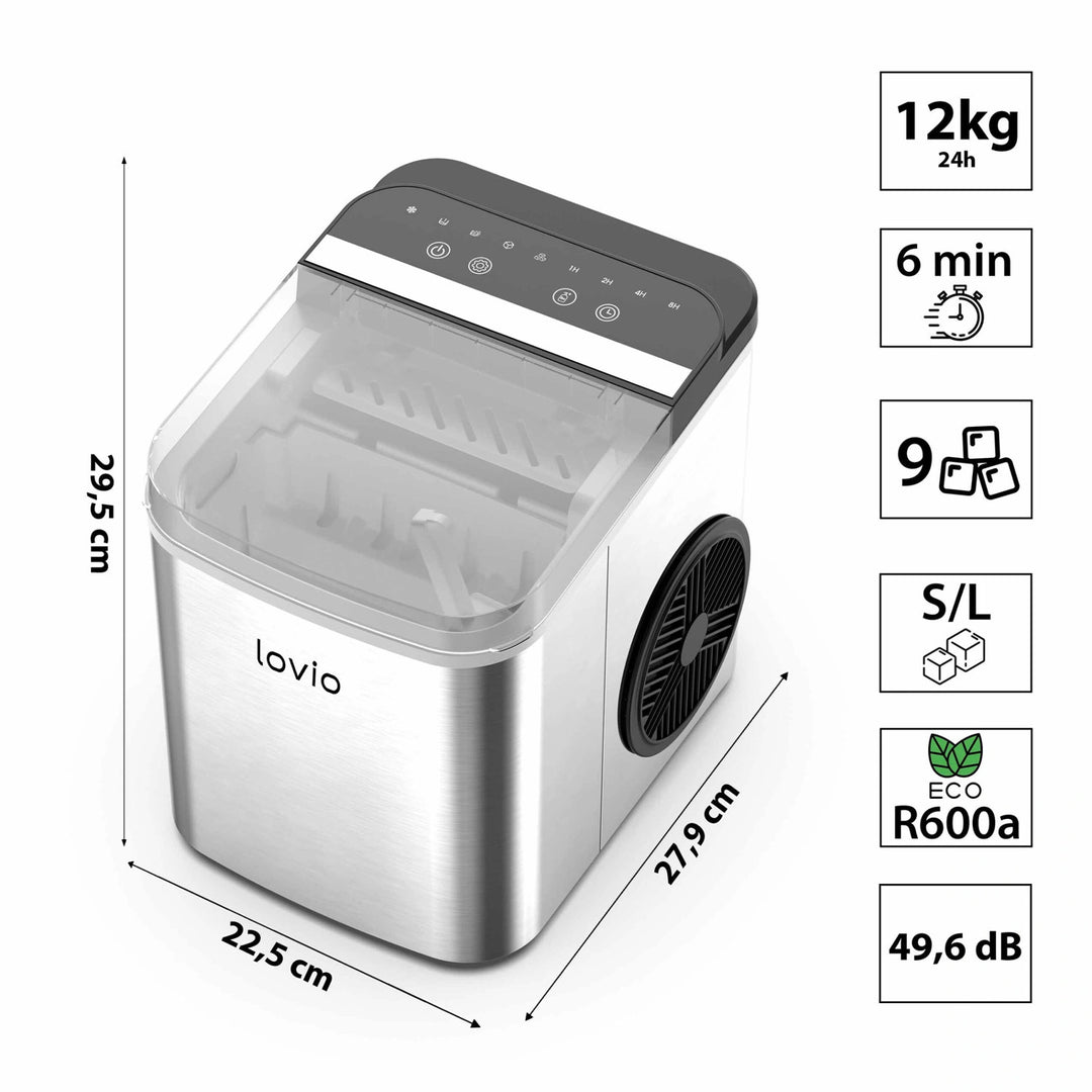 Домашен ледогенератор Lovio Crystal Ice Plus, от стомана, в сребрист цвят, за бързо приготвяне на лед