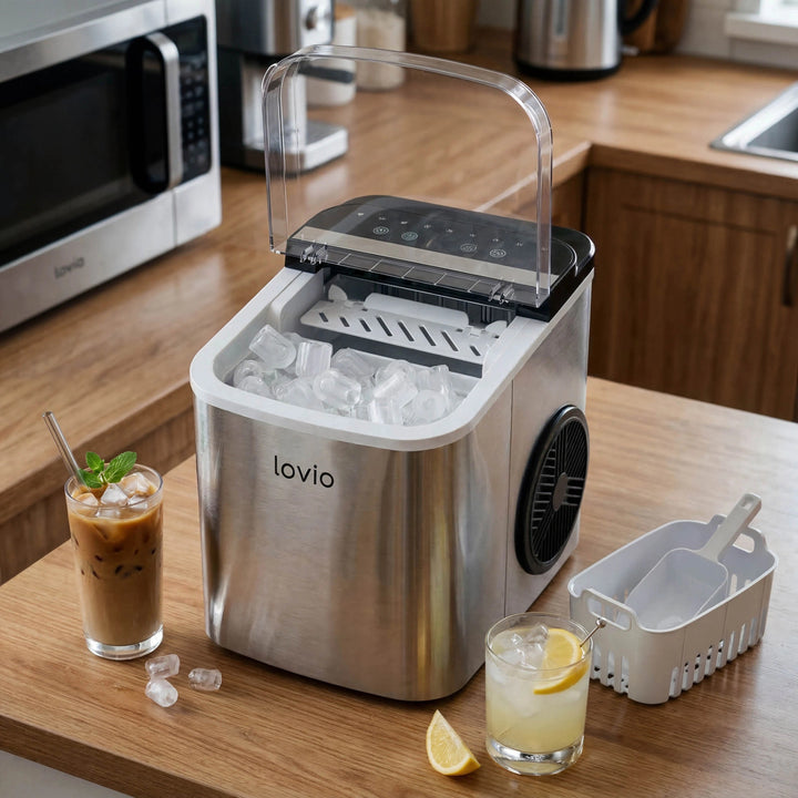 Домашен ледогенератор Lovio Crystal Ice Plus, от стомана, в сребрист цвят, за бързо приготвяне на лед