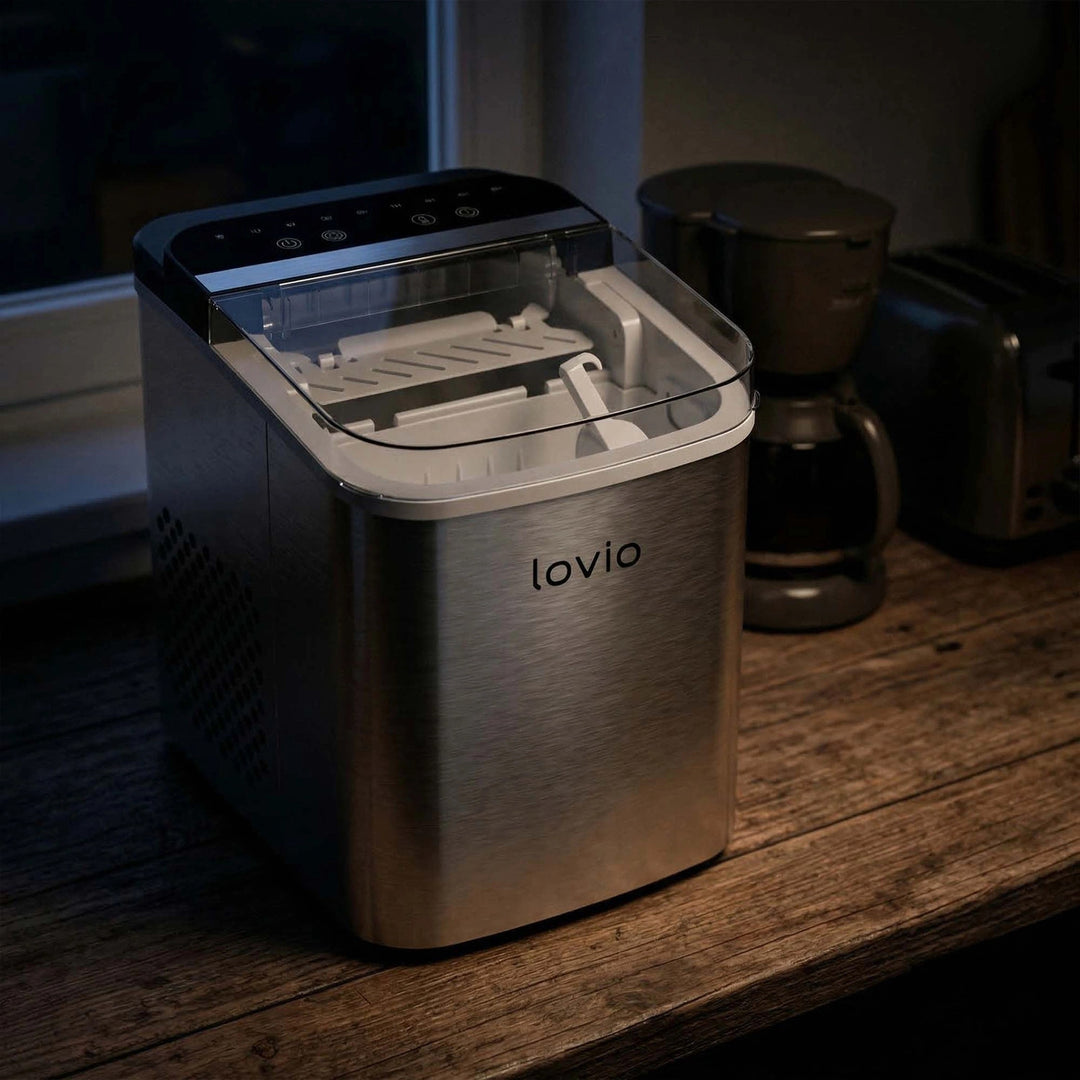 Домашен ледогенератор Lovio Crystal Ice Plus, от стомана, в сребрист цвят, за бързо приготвяне на лед