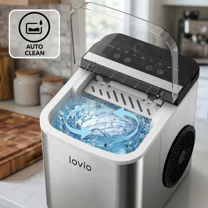 Домашен ледогенератор Lovio Crystal Ice Plus, от стомана, в сребрист цвят, за бързо приготвяне на лед
