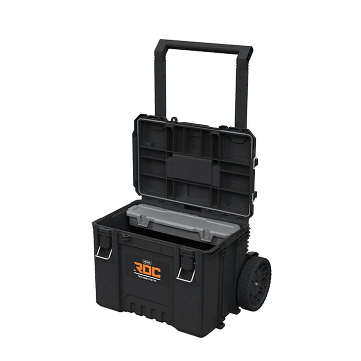 Комплект от 3 кутии за инструменти Keter ROC Pro Gear 2.0, общ обем 110 л, степен на защита IP65, сгъваема телескопична дръжка, възможност за заключване с катинар, 256982