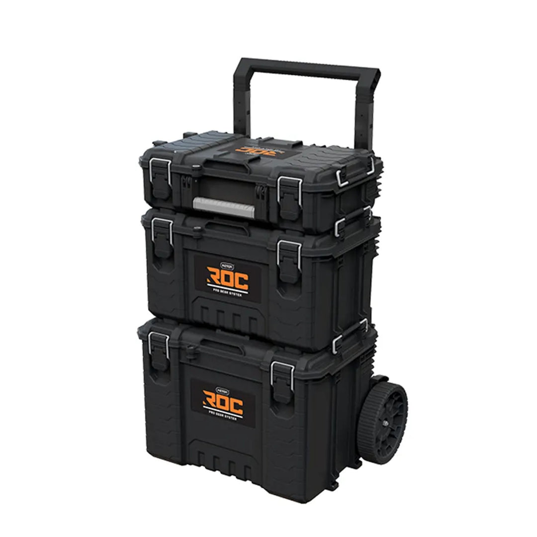 Комплект от 3 кутии за инструменти Keter ROC Pro Gear 2.0, общ обем 110 л, степен на защита IP65, сгъваема телескопична дръжка, възможност за заключване с катинар, 256982