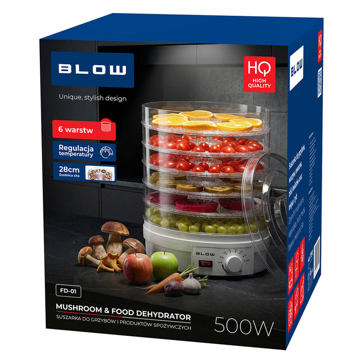 Сушилня за гъби, зеленчуци и плодове Blow, мощност 500 W, 6 решетки в комплекта, регулиране на температурата 35–75 °C, 44–175