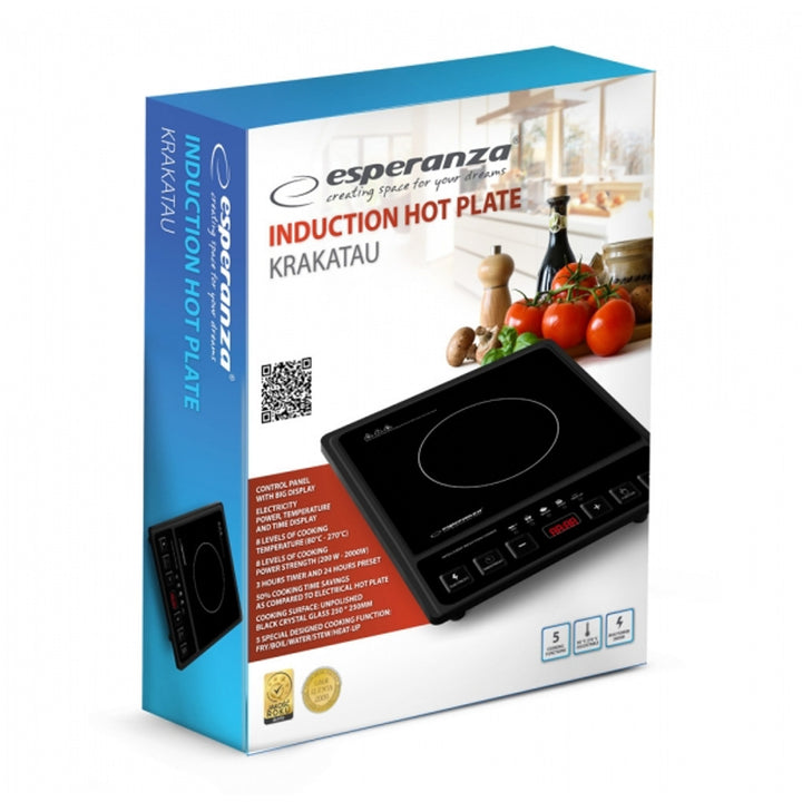 Индукционна готварска печка Esperanza, мощност 2000 W, 5 предварително зададени функции, голям дисплей, Krakatau